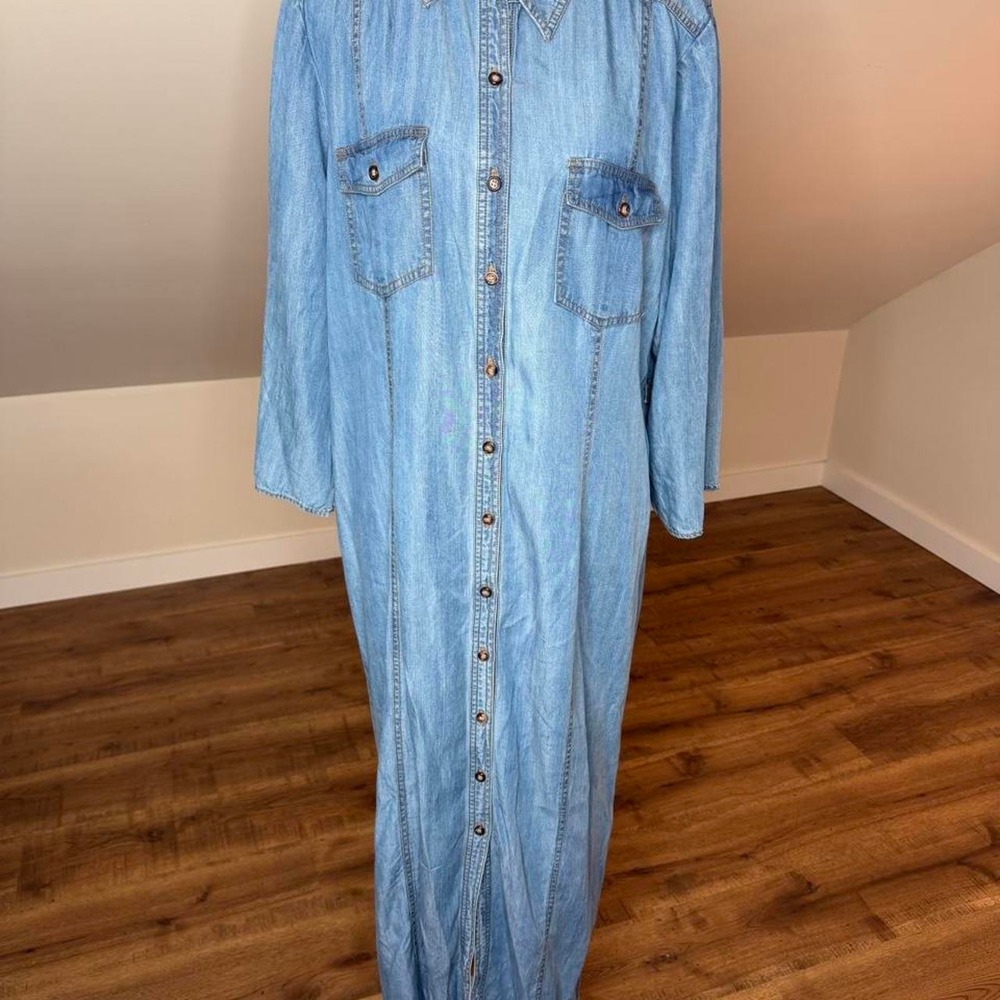 VERSONA Chambray Denim Maxi Shirt Dress Large Coastal Western Button Front Boho